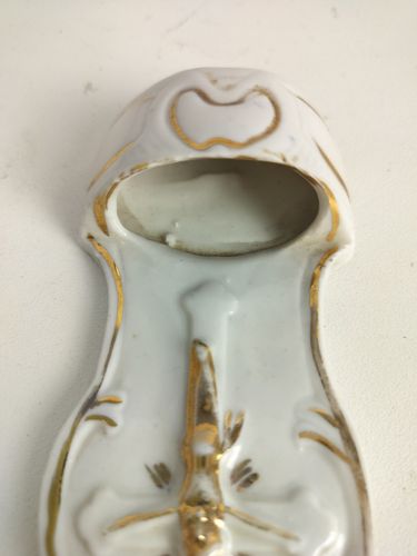 Small Antique Holy Water Font Vessel Bisque White Gold Touches Crucifixion Wall photo vintage
