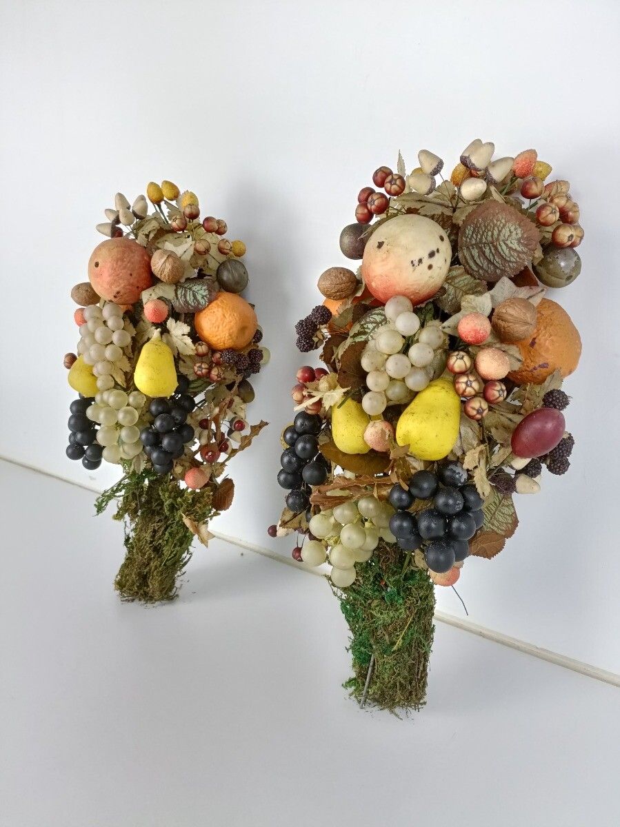 Pair Antique Hand Blown Fruit  Art Glass Boucquets Delicate Rare Centerpiece Dec photo buy