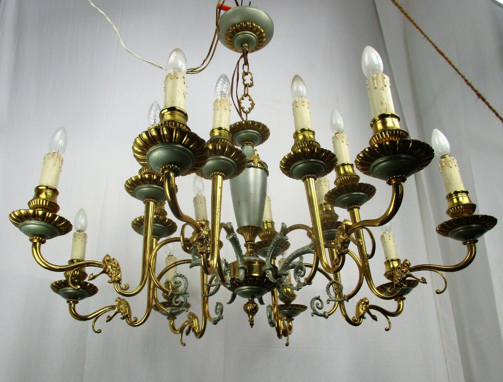 French Empire Chandelier Green Pale Tole Bronze Brass 16 Lights!! Roaring Lions photo furniture
