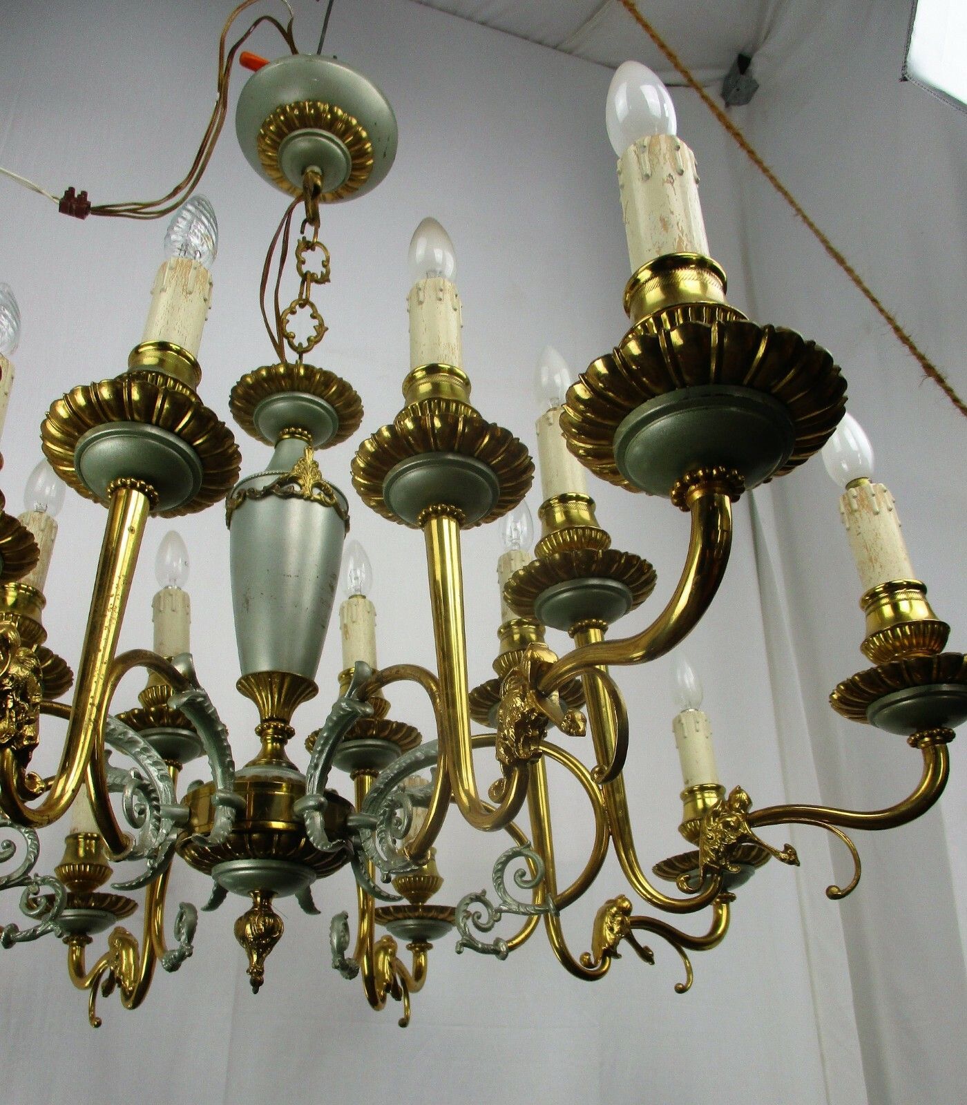 French Empire Chandelier Green Pale Tole Bronze Brass 16 Lights!! Roaring Lions photo 1224.0