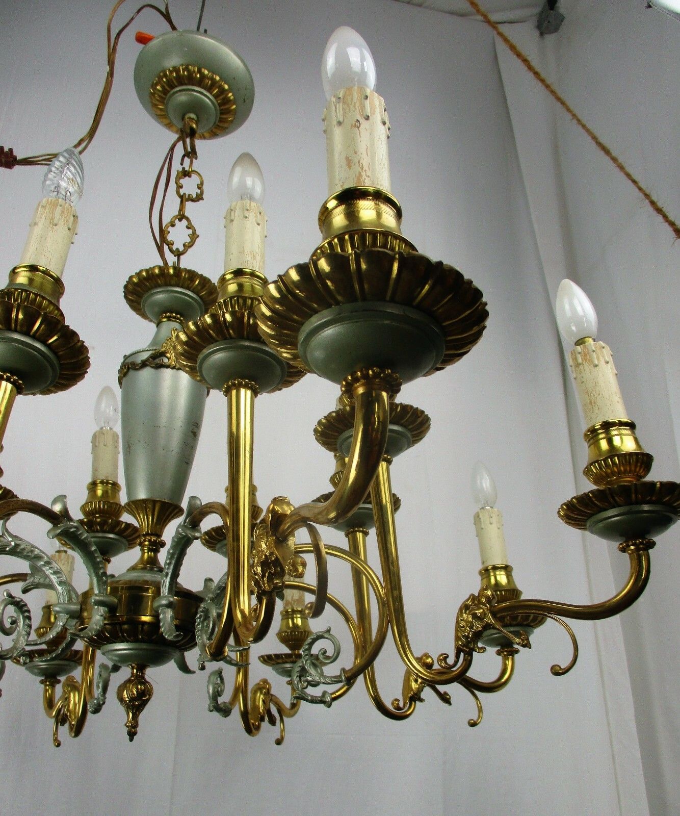 French Empire Chandelier Green Pale Tole Bronze Brass 16 Lights!! Roaring Lions photo vinterior
