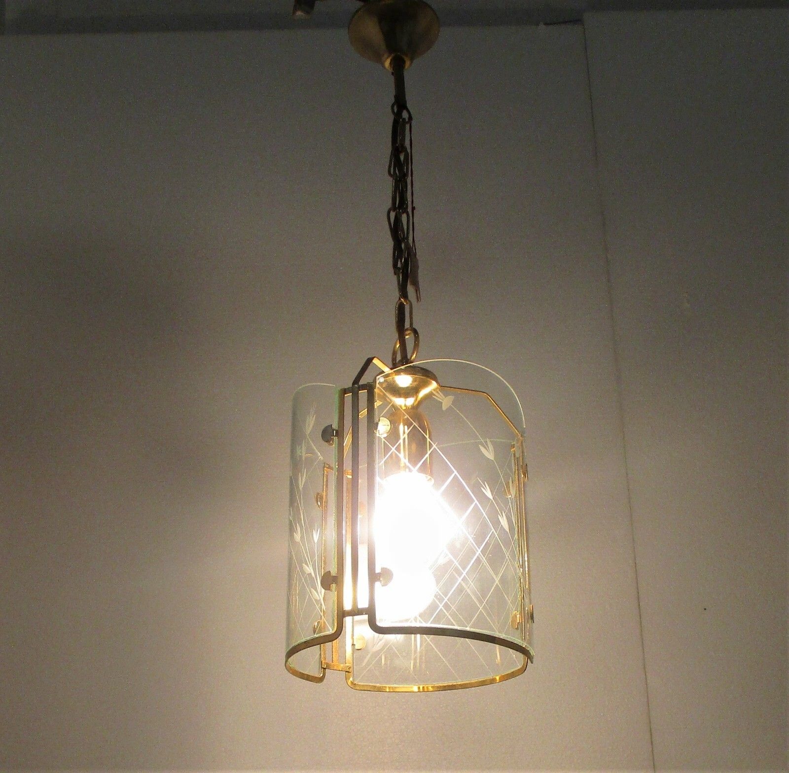 Lantern Ornate Chandelier Pendant Mid Century Modern Gold Plated Art Glass photo for sale