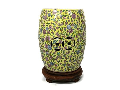 Chinese Family Rose Porcelain Yellow Vintage Garden Stool Seat On Wooden Base Go