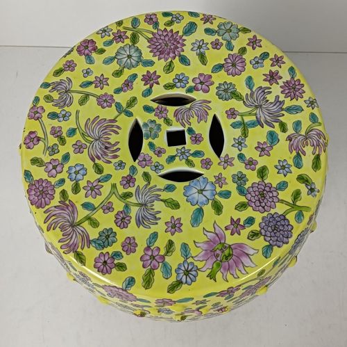 Chinese Family Rose Porcelain Yellow Vintage Garden Stool Seat On Wooden Base Go photo vintage