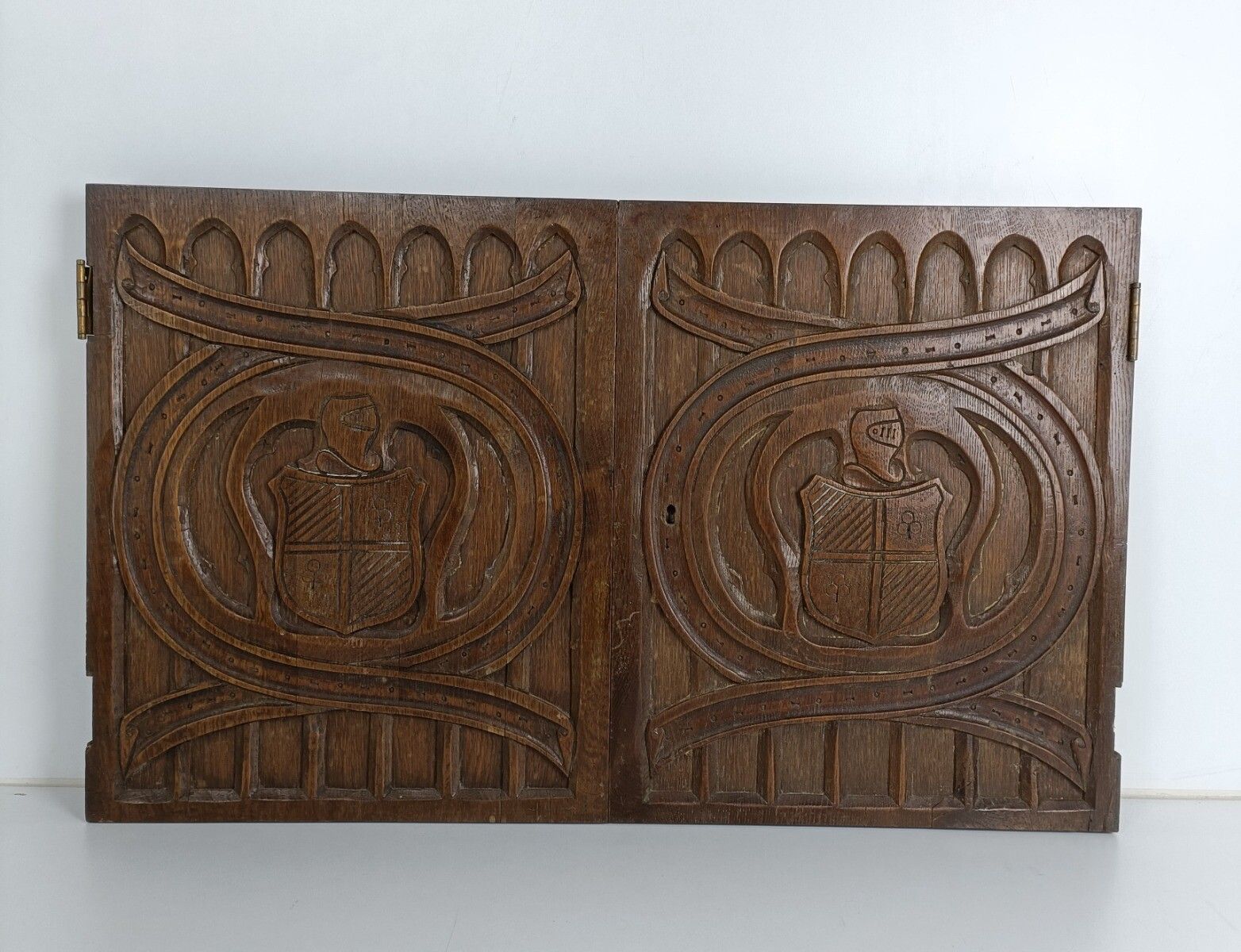 Couple  Panels Antique Hand Carved Wood Knights Shields Reclaimed Cabinet Doors photo furniture