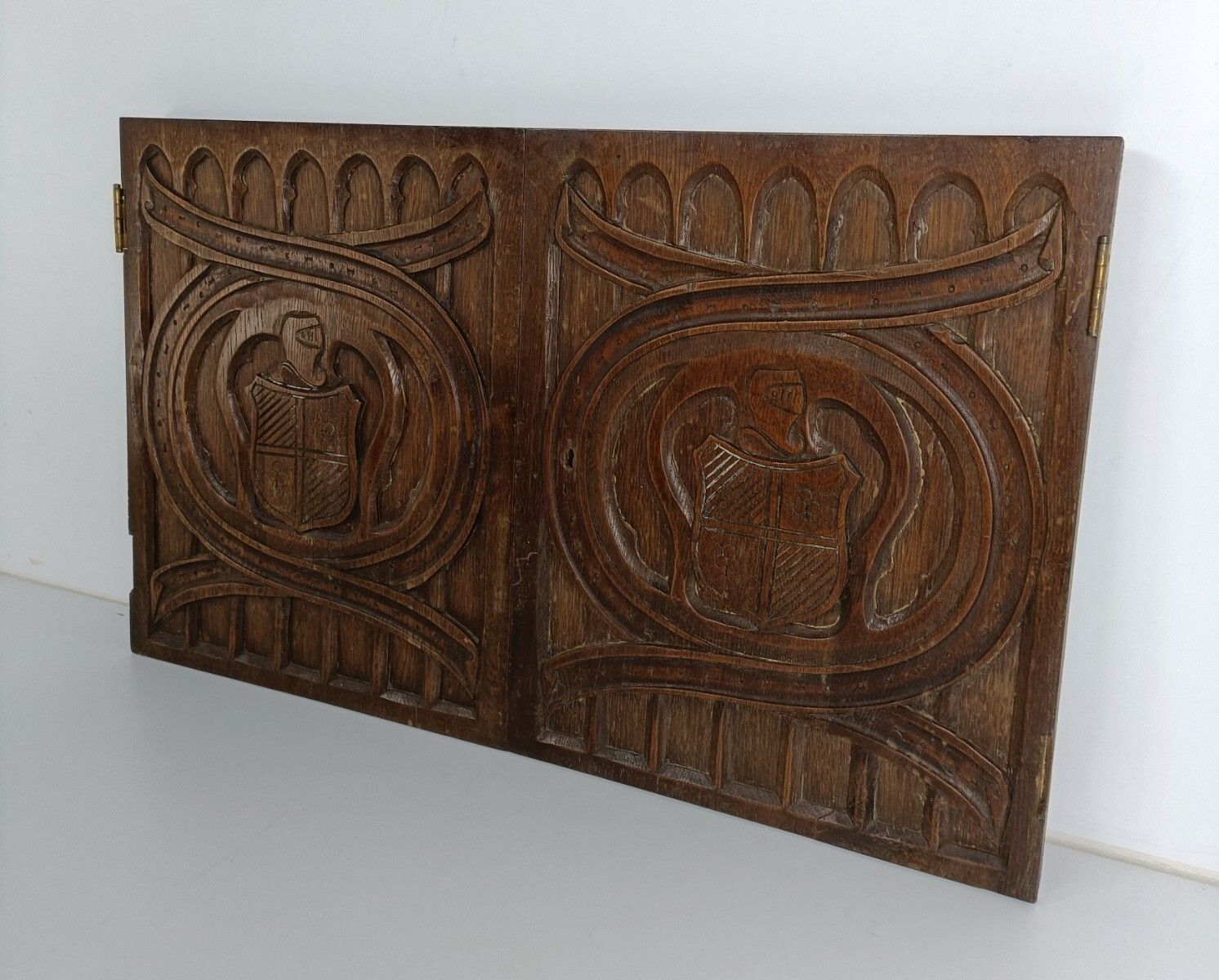 Couple  Panels Antique Hand Carved Wood Knights Shields Reclaimed Cabinet Doors photo Home Fixtures