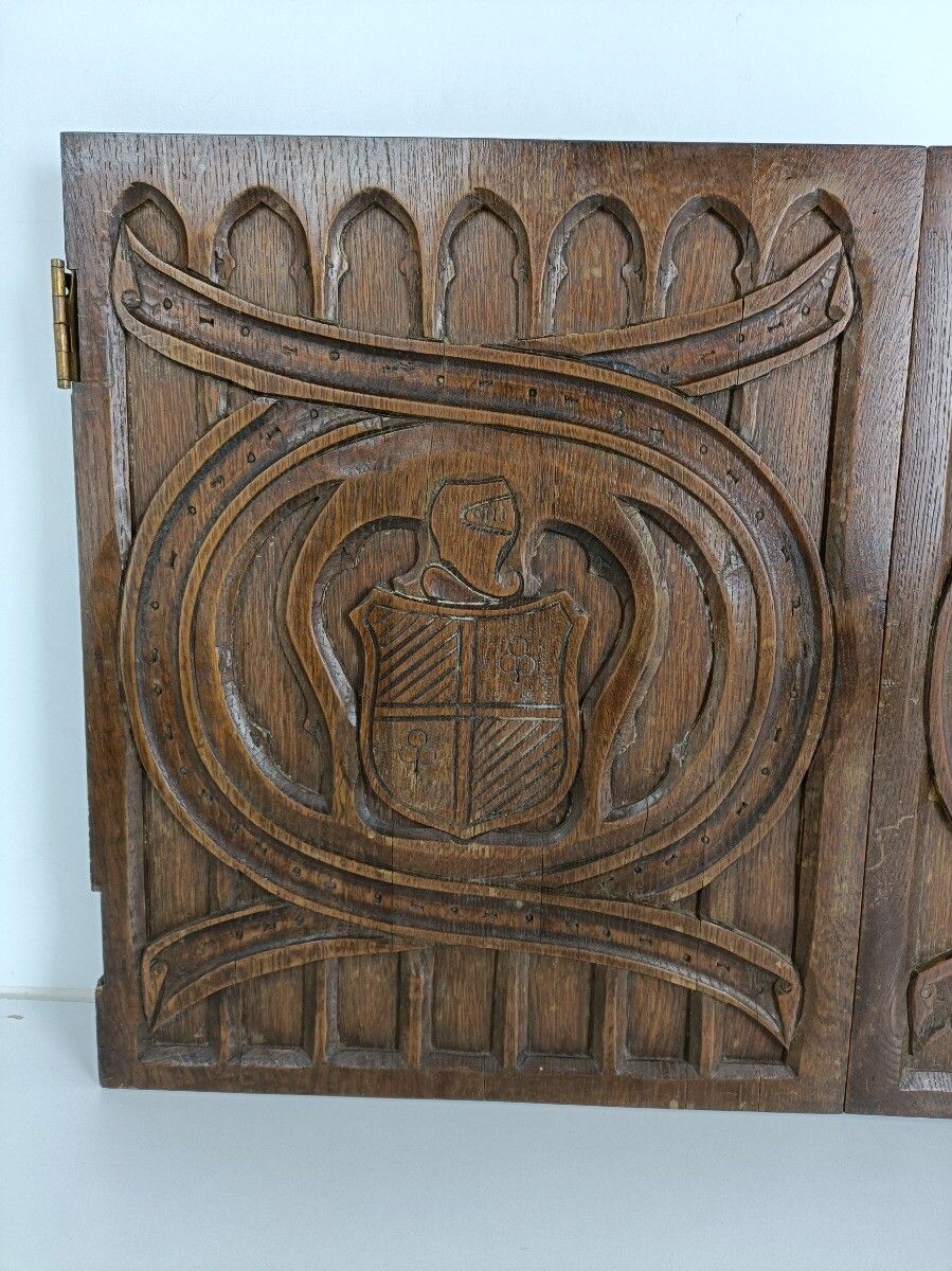 Couple  Panels Antique Hand Carved Wood Knights Shields Reclaimed Cabinet Doors photo 303.0