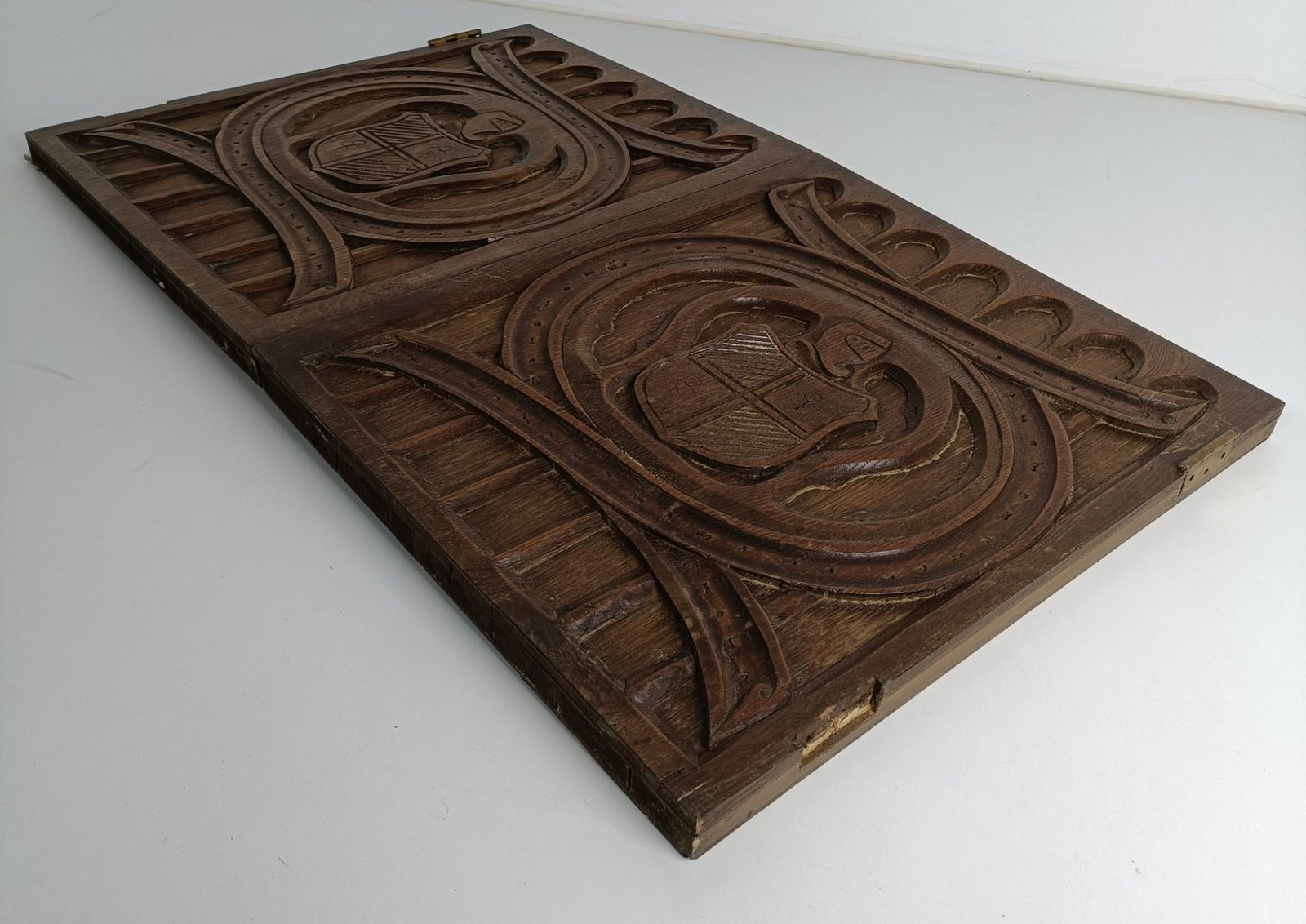 Couple  Panels Antique Hand Carved Wood Knights Shields Reclaimed Cabinet Doors photo buy