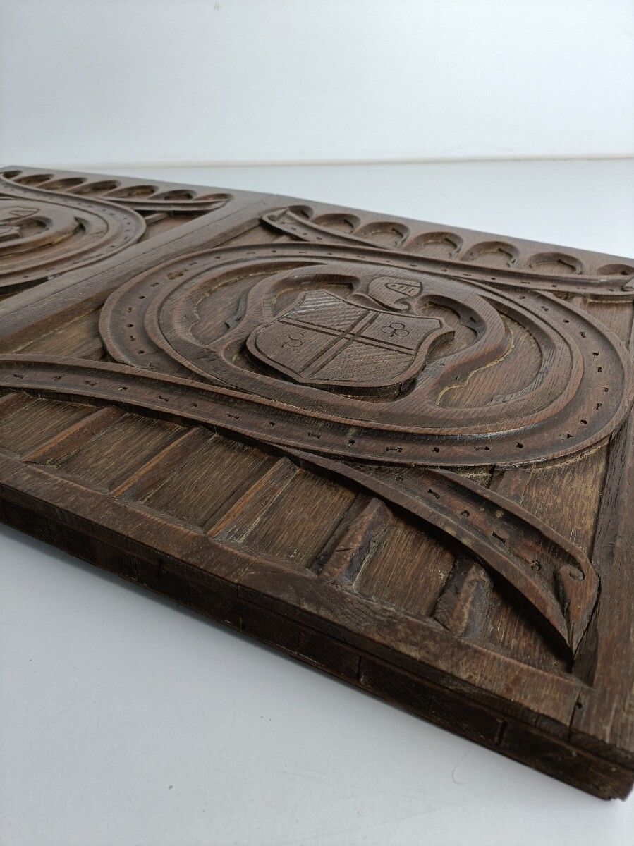 Couple  Panels Antique Hand Carved Wood Knights Shields Reclaimed Cabinet Doors photo vintage