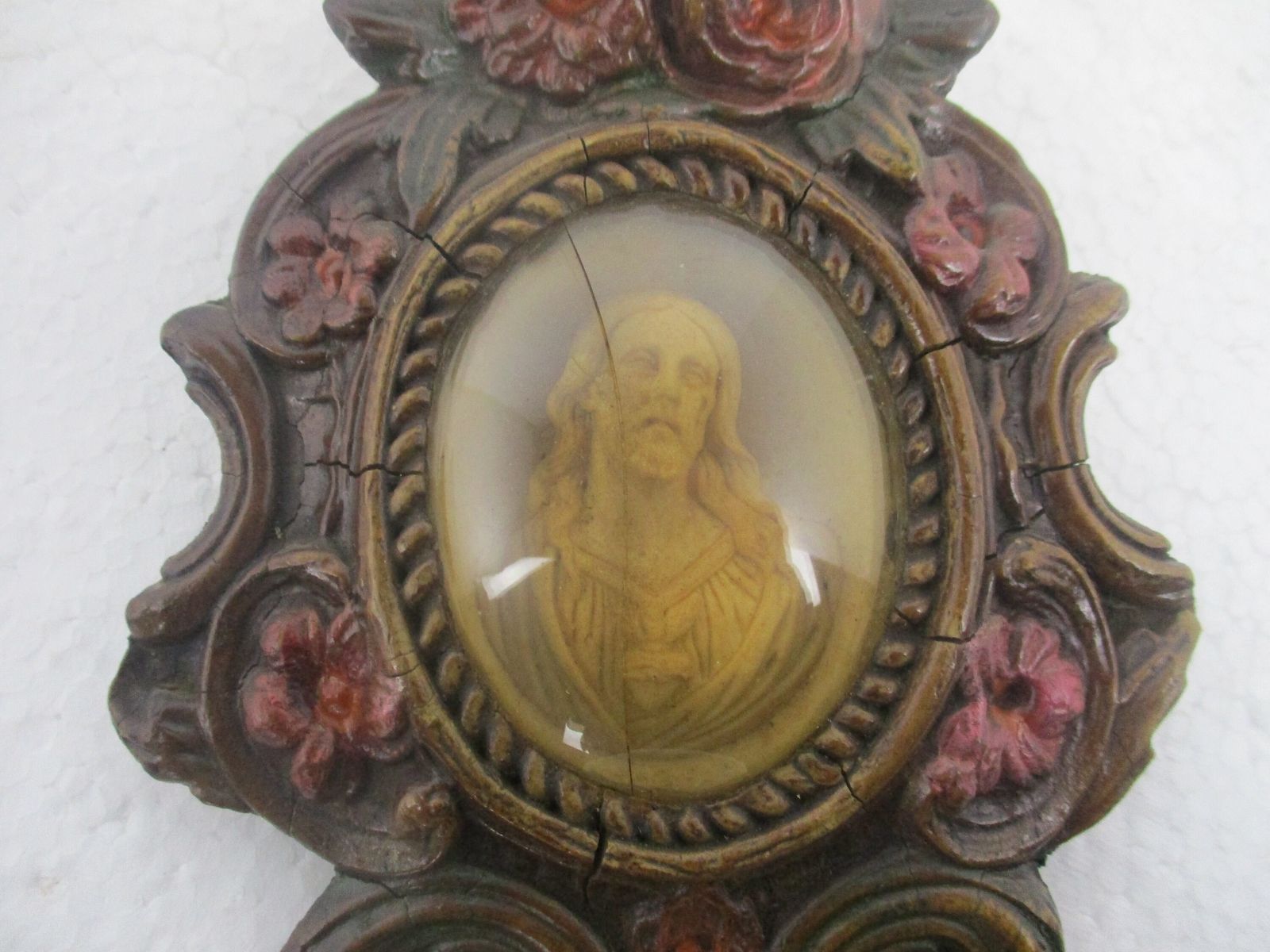 Antique  Holy Water Font Vessel Black Forest Ornate Wood Hand Carved  Pink Flowe photo furniture