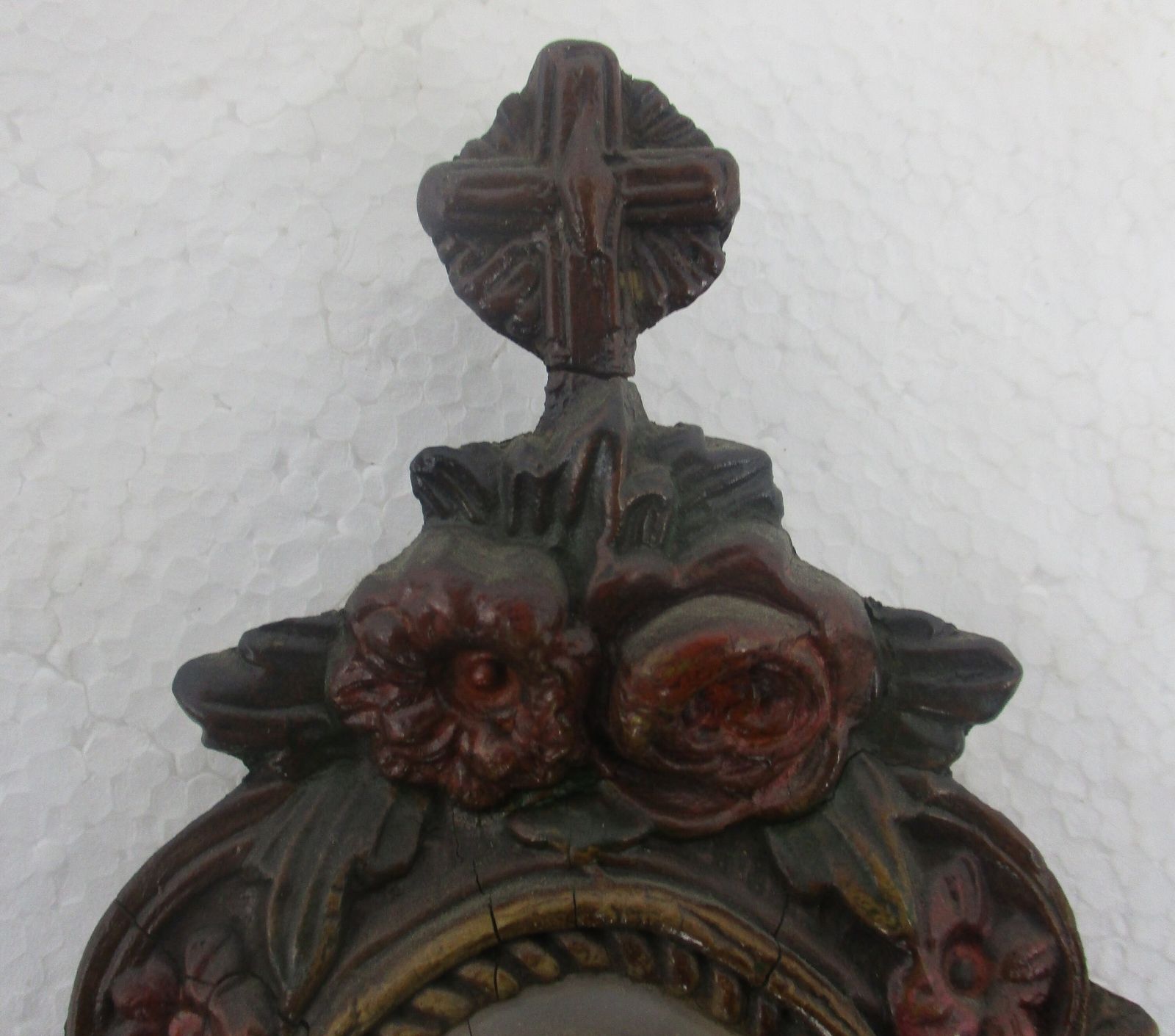Antique  Holy Water Font Vessel Black Forest Ornate Wood Hand Carved  Pink Flowe photo for sale