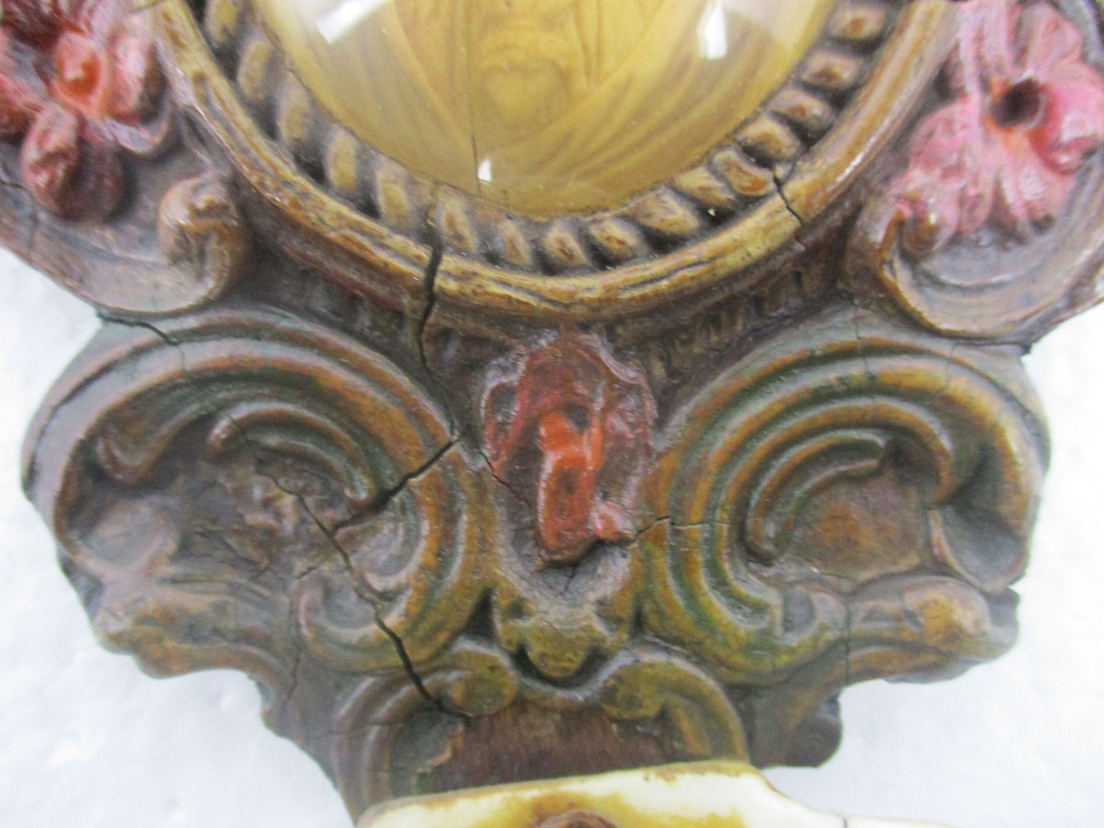 Antique  Holy Water Font Vessel Black Forest Ornate Wood Hand Carved  Pink Flowe photo Art