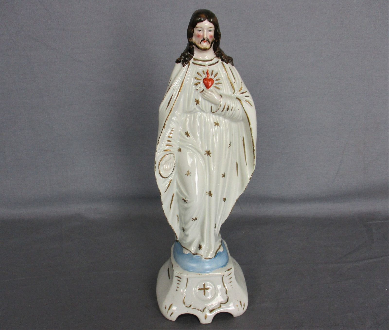 Antique  Statue Bisque Porcelain Jesus Christ Saviour Holy Sacred Heart Gorgeous