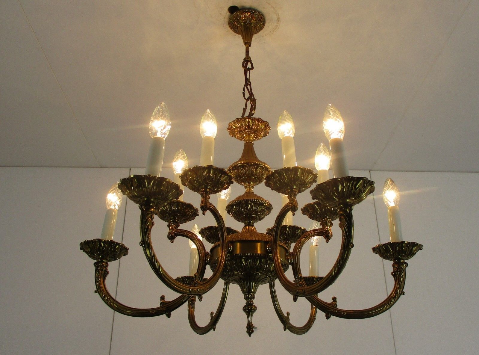 Impressive Spanish Revival Hollywood Regency Brass Chandelier 12 Lights!! Ornate photo for sale