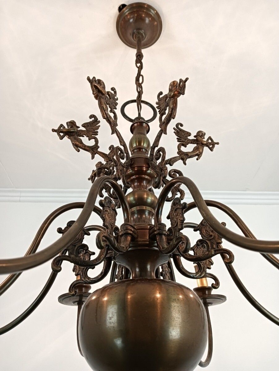 photo furniture Exquisite Flemish Dutch Chandelier Brass Cupids Lovely 8 Lights Arm Farmhouse St