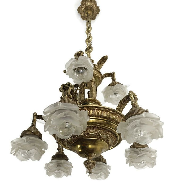 Gorgeous Chandelier 9 Lights Brass Angels Putti Art Glass Flower Shades Wow