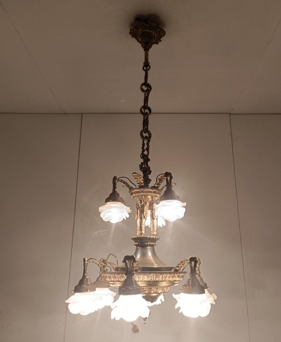 Gorgeous Chandelier 9 Lights Brass Angels Putti Art Glass Flower Shades Wow photo furniture