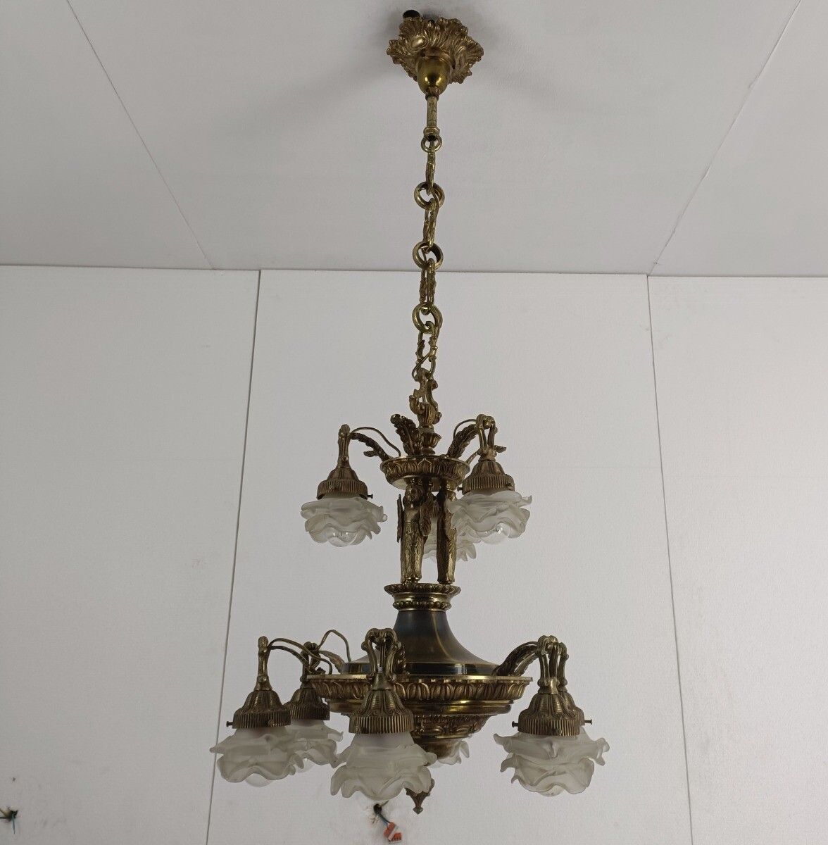 Gorgeous Chandelier 9 Lights Brass Angels Putti Art Glass Flower Shades Wow photo vinterior