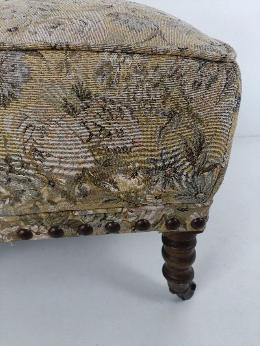 Large Antique Footstool Wood On Wheels Fabric Footrest Pouf Ottoman Hobnails photo Furniture