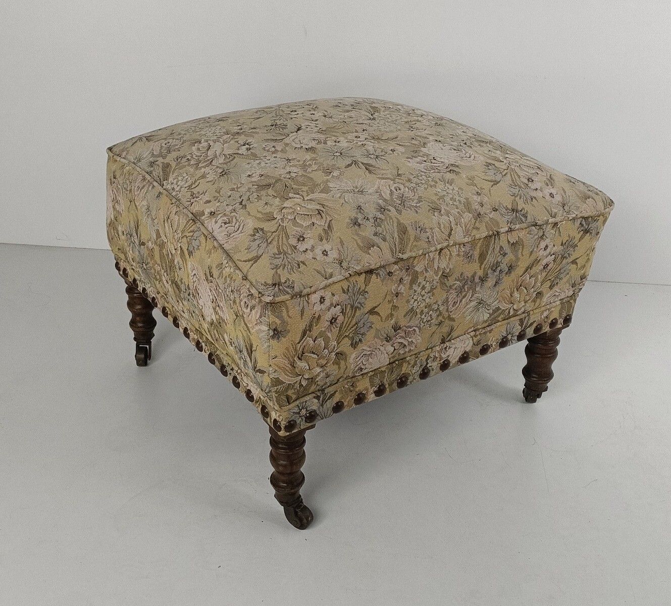 Large Antique Footstool Wood On Wheels Fabric Footrest Pouf Ottoman Hobnails photo 244.0