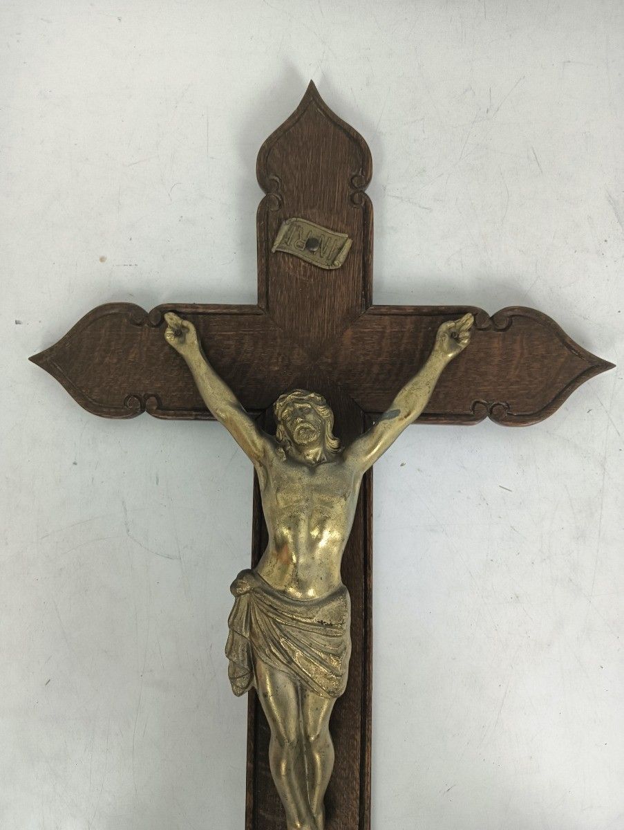 Large Hanging Crucifix Cross Carved Wood Spelter Corpus Vintage Christianity Jes photo furniture