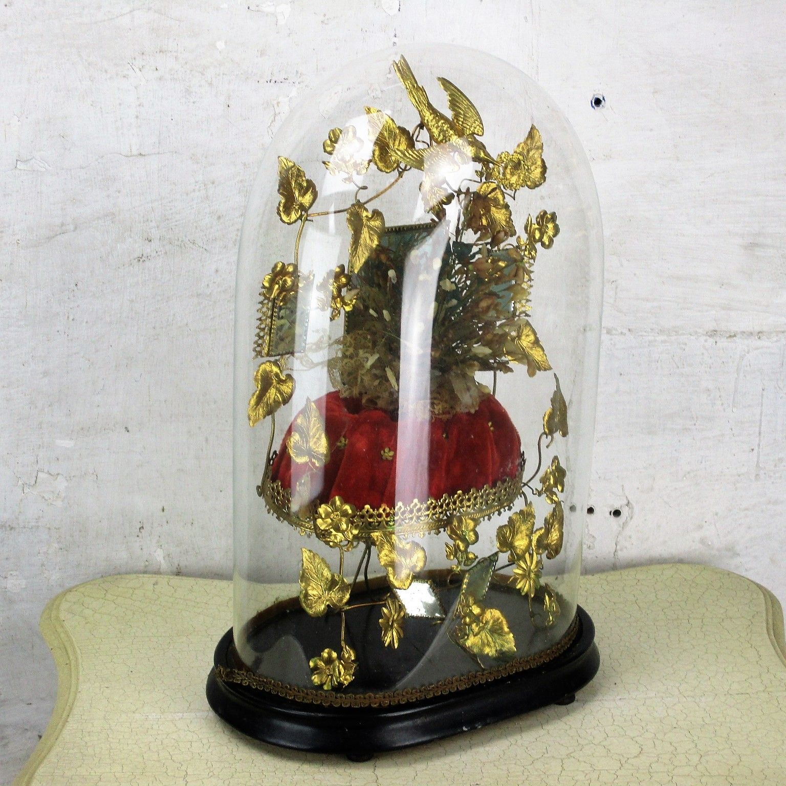 Antique Victorian French Bridal Wedding Dome Gold Gilt Leaves Ormolu Birds 19thc photo furniture
