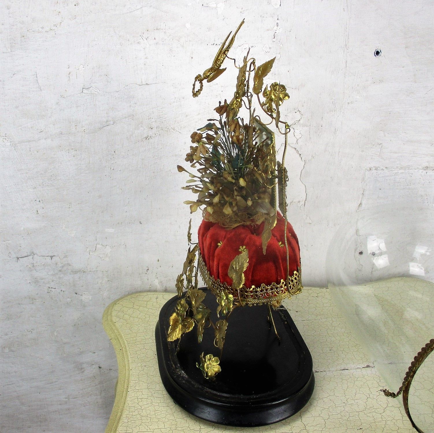 Home Decor Antique Victorian French Bridal Wedding Dome Gold Gilt Leaves Ormolu Birds 19thc photo