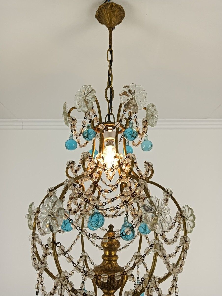 Vintage Florentine Wooden Italian Chandelier Crystal Azuro Clear Prisms 1 Light photo vintage