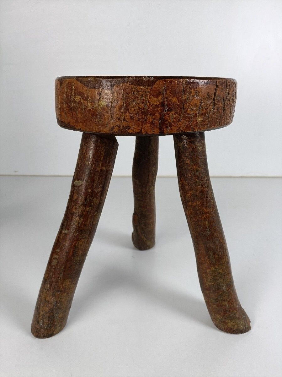 Antique Hand Carved Wood Milking Stool Pedestal Table Pedestal French Brutalist photo for sale
