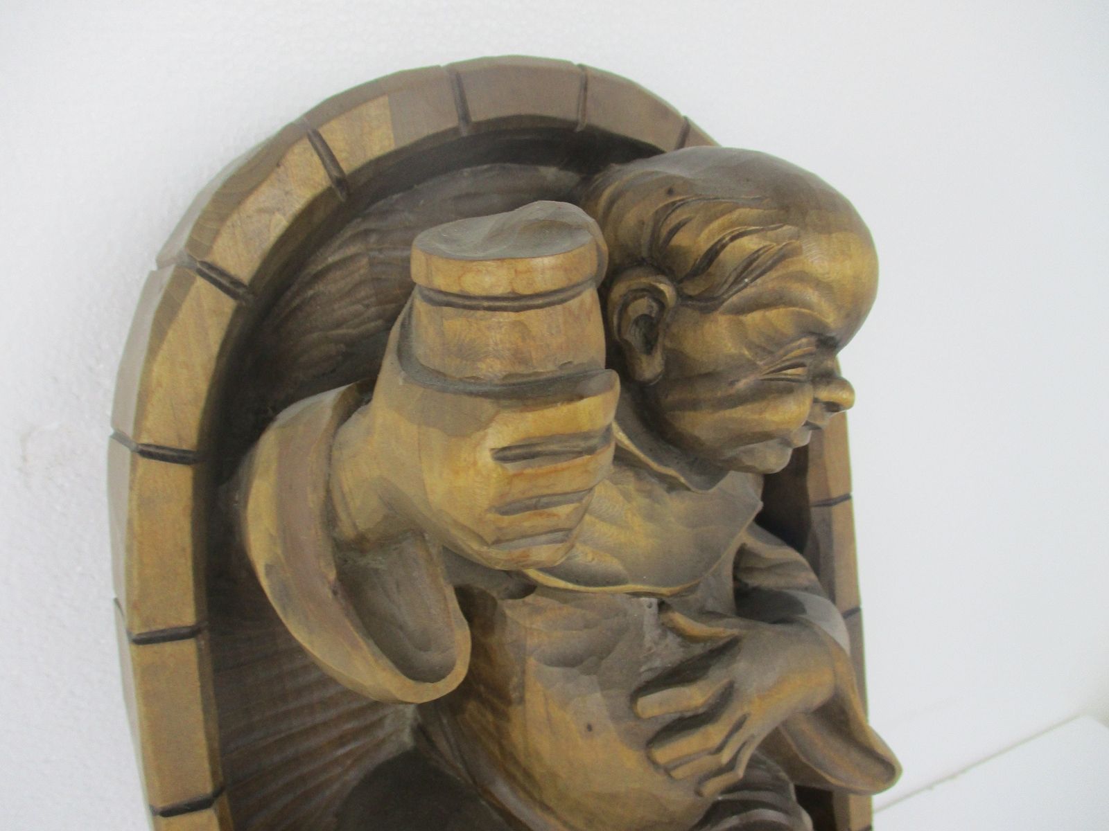 Hand Carved Wood Statue  Piece Of Art Figure Abt Brewery Wall Hanging photo for sale