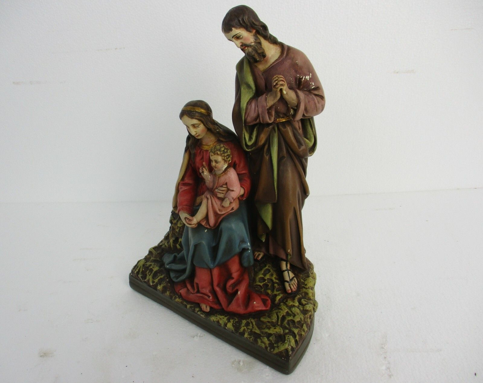 Statue Holy Family Saint Joseph Virgin Mary Child Polychrome Plaster Gorgeous photo for sale