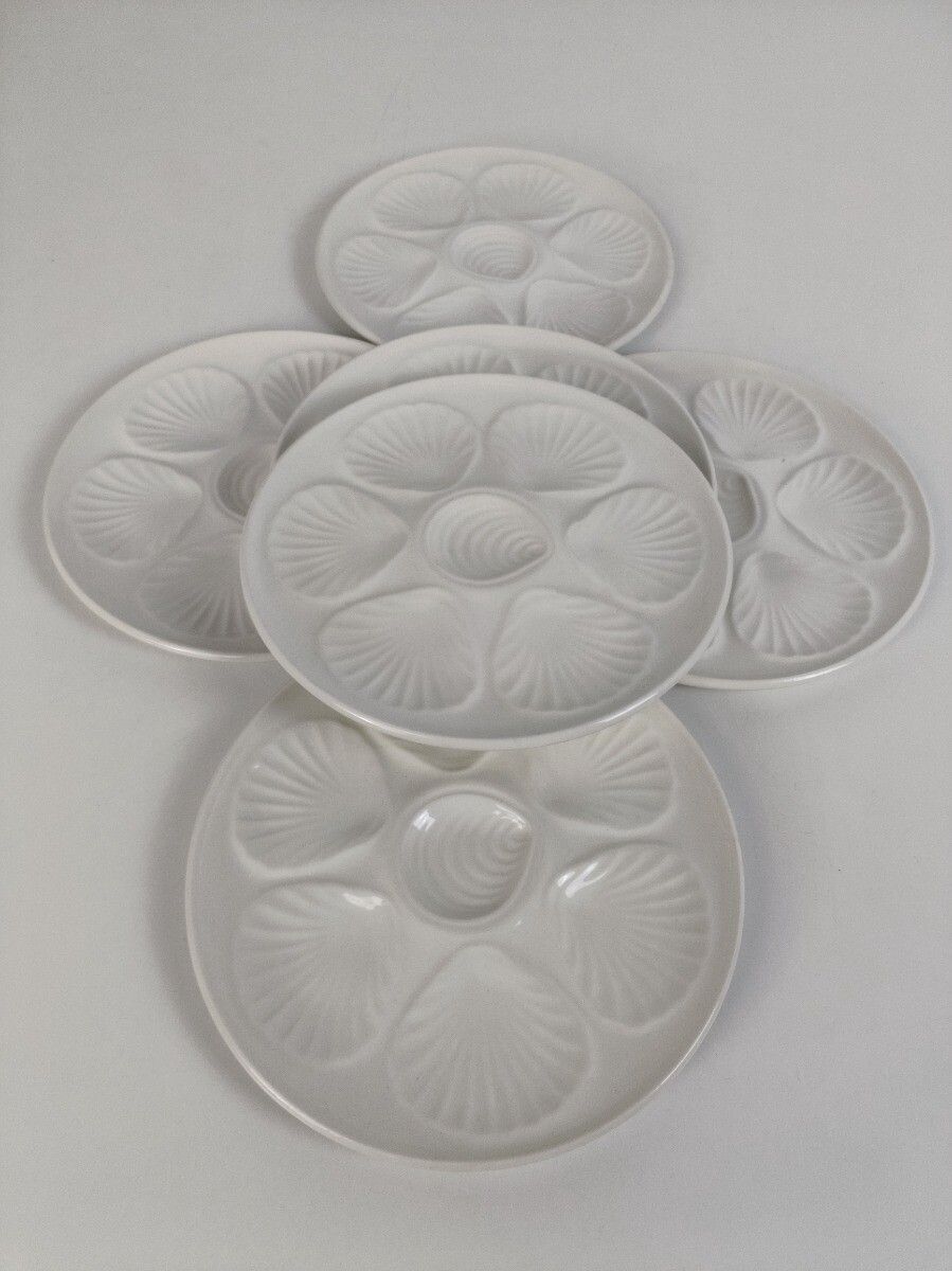 Set Of 6 French Oyster Fish Seafood Plates Porcelain Faience White Stylish  Vint photo furniture