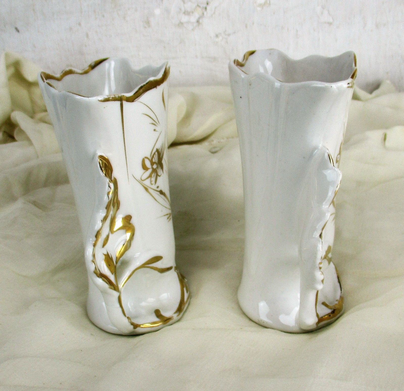 Lovely Couple Antique Limoges Guerin Porcelain Fan Flair Bridal Vases Beautiful photo for sale