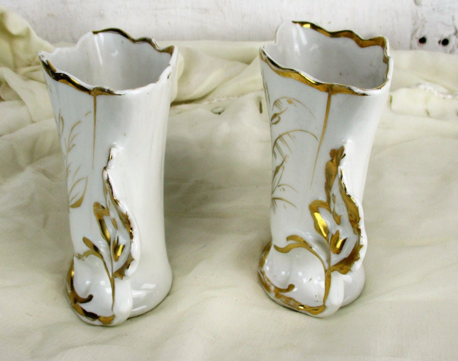 Lovely Couple Antique Limoges Guerin Porcelain Fan Flair Bridal Vases Beautiful photo 67.0