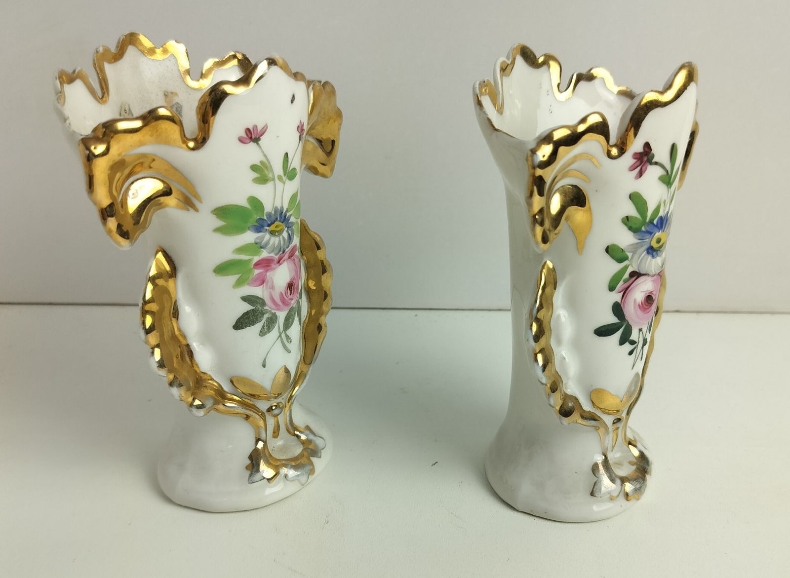Small Lovely Couple Antique French  Porcelain Fan Flair Bridal Vases  Hand Paint photo Home Decor