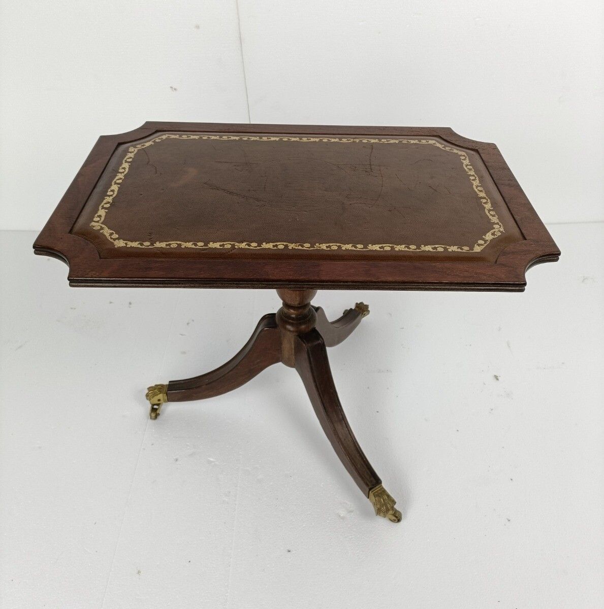 Italian Wood Faux Leather Brass Legs Coffee Wine Side Table Vintage Beautiful photo vintage