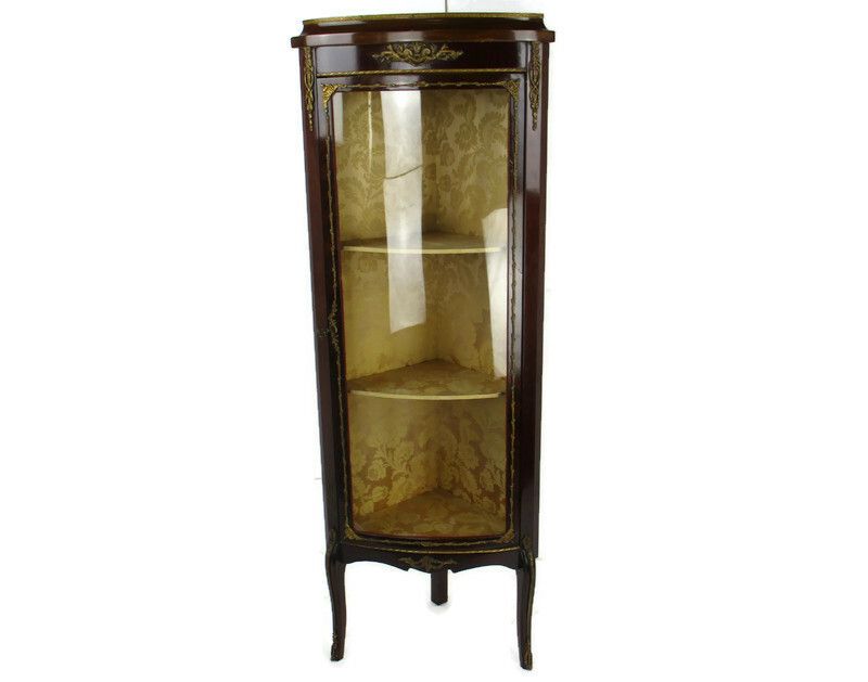 Marquetry Display Case Cabinet Inlay Brass Trims French Antique 1920s Stunning