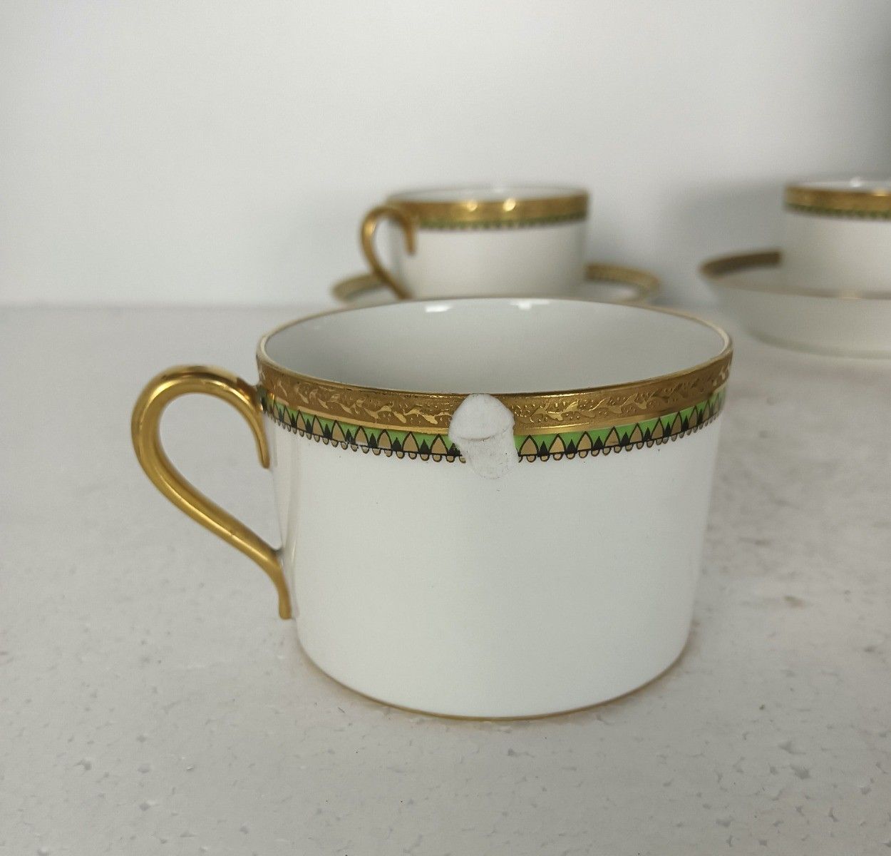 Antique Tableware  Gda Limoges White With Ivy And Gold Demitasse Cups And Saucer photo vinterior