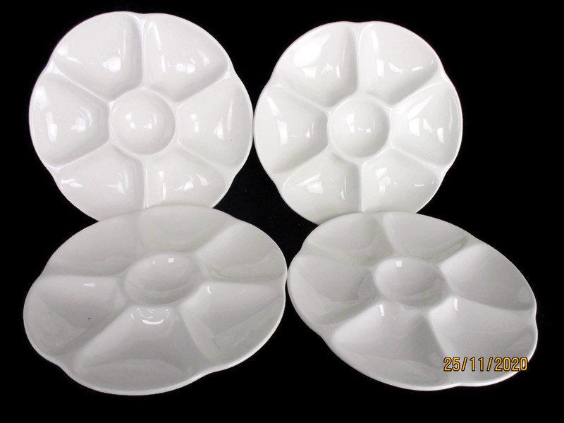 Set Of 4 French Gien Oyster Plates Porcelain Faience White Stylish France Marked