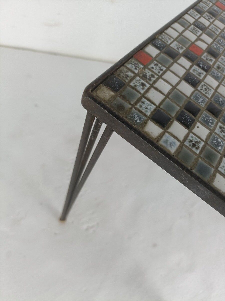 Vintage Side Table Plant Stand Ceramic Mosaic Tiles Wrought Iron Hairpin Legs photo vinterior