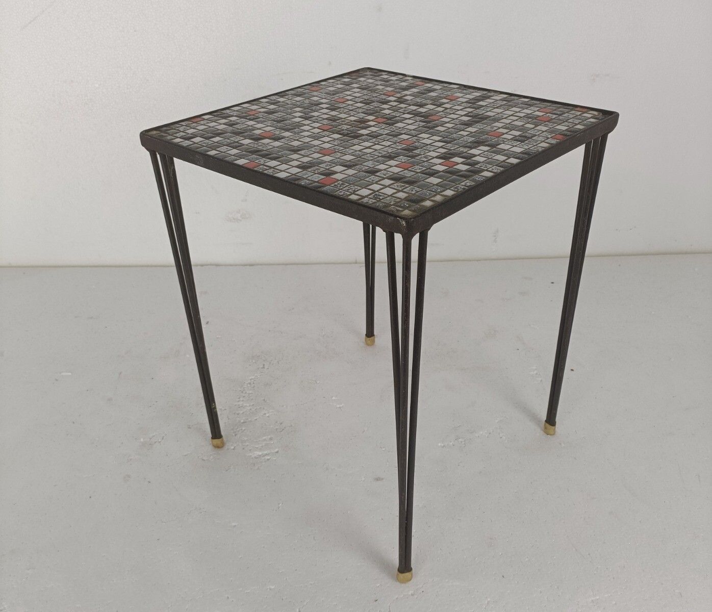 Vintage Side Table Plant Stand Ceramic Mosaic Tiles Wrought Iron Hairpin Legs photo buy