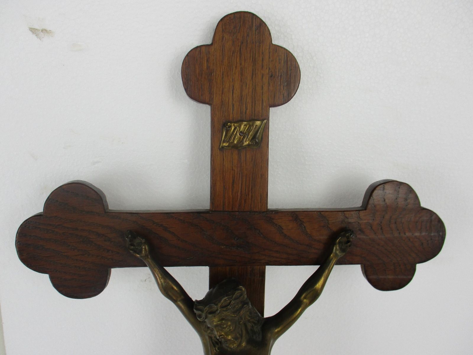 Large Hand Carved Wood  Hanging Crucifix Cross Jesus Christ Beautiful Brass  Cor photo for sale