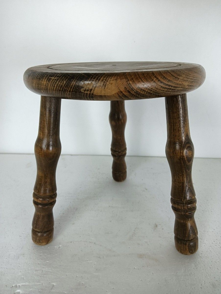 Small Vintage Carved Wooden Milking Stool Plant Stand Pedestal Side Table Bonsai photo furniture