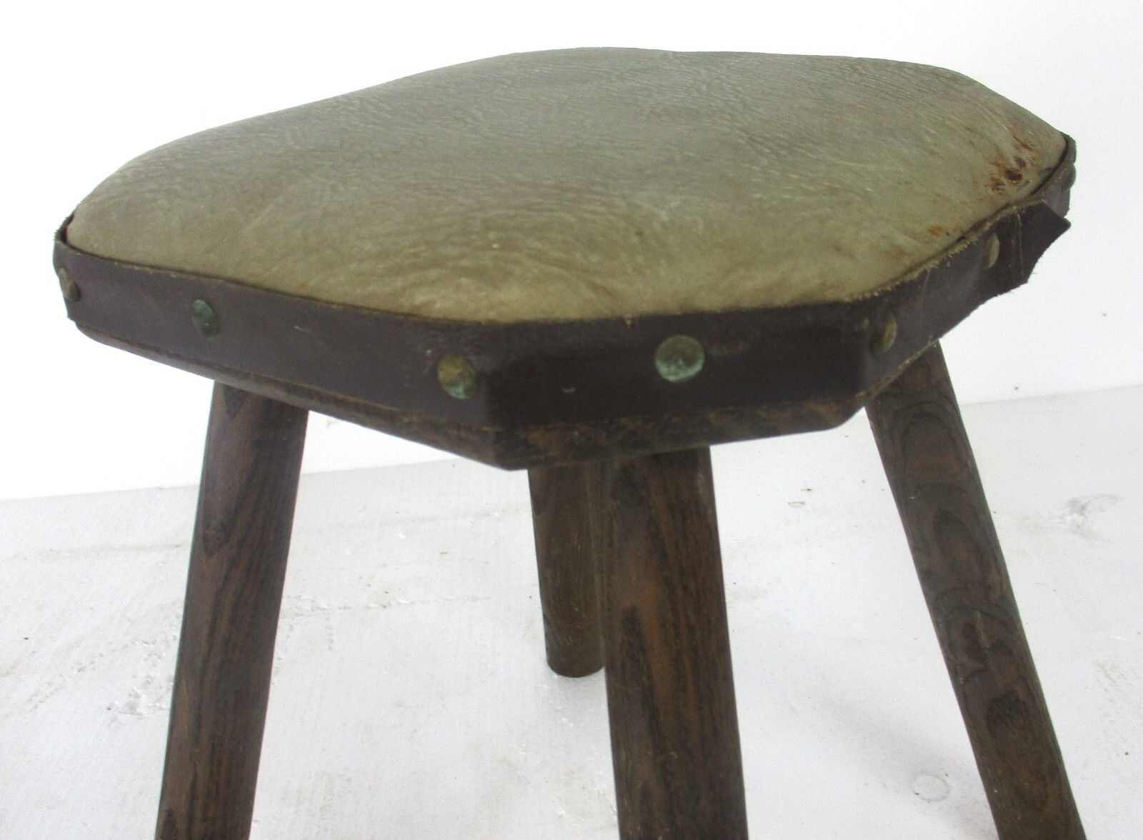 Antique Hand Carved Wood  Milking Stool Pedestal  Hide Top Hobnails French photo furniture