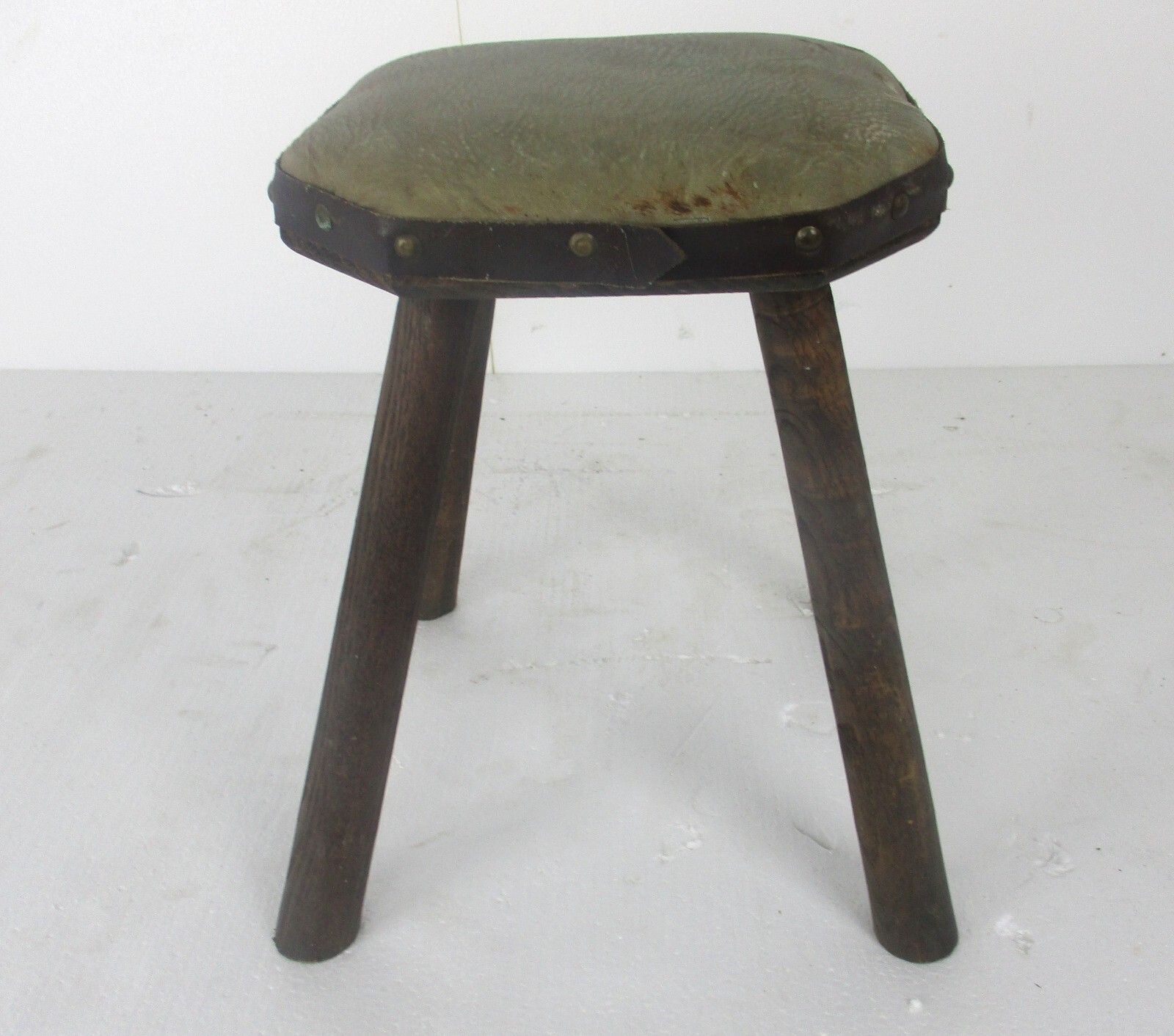 Antique Hand Carved Wood  Milking Stool Pedestal  Hide Top Hobnails French photo 130.0