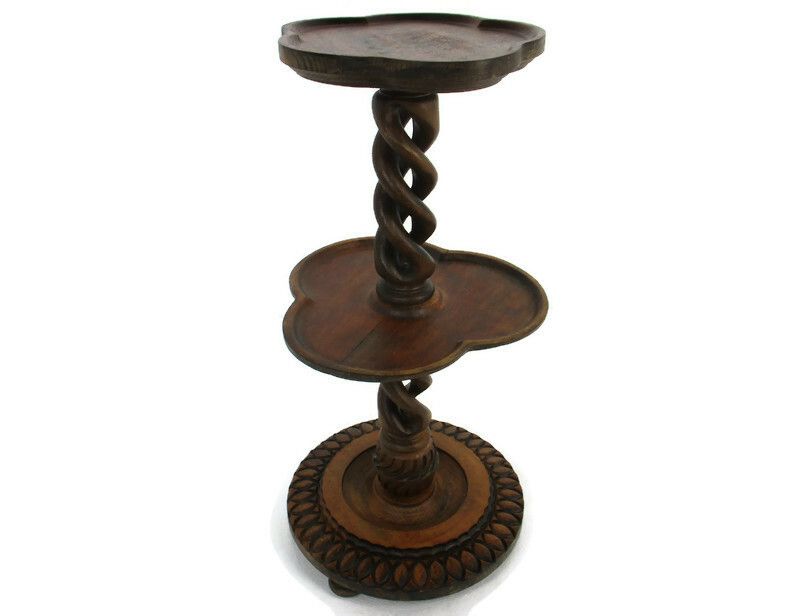 Vintage Carved Wood Open Barley Twist Pedestal Display Table Plant Bonsai Stand