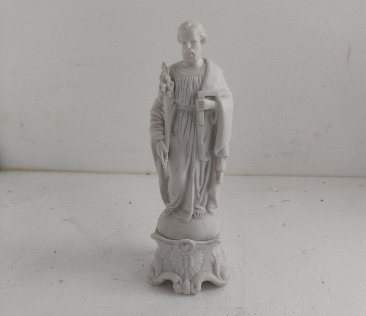 Antique Porcelain Bisque Statue Saint Joseph Angel Lilies Protector Of Homes Mar