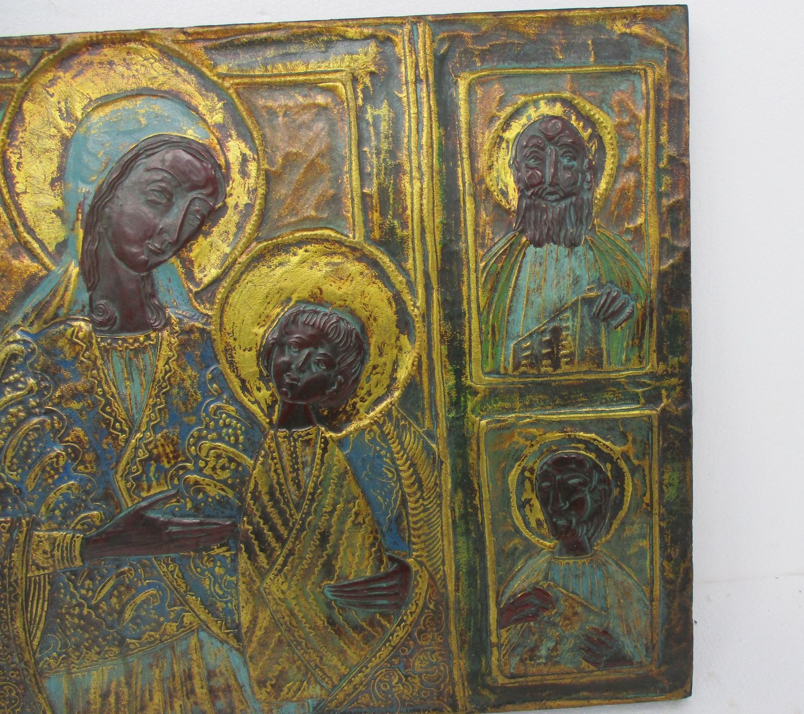 Large Ornate Icon Hand Painted Florentine Wood Madonna E Santi Virgin Infant Chi photo vinterior
