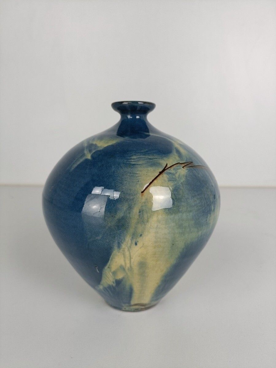 Blue Abstract Vase French Pottery Faience Vintage Modernist photo for sale