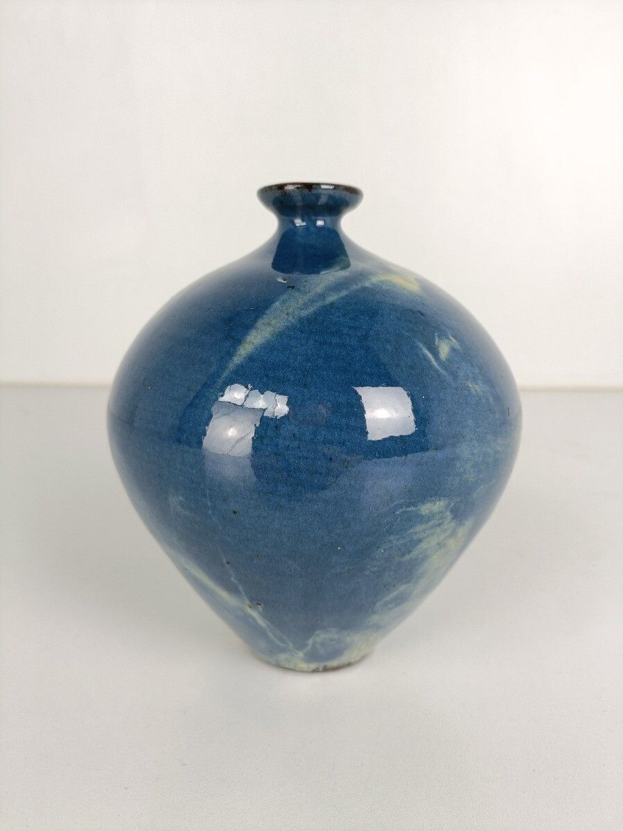 Blue Abstract Vase French Pottery Faience Vintage Modernist photo 81.0